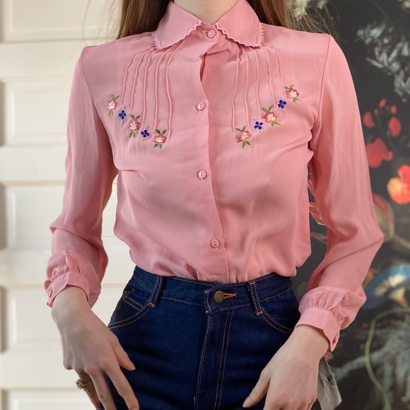 Vintage Tops - Vintage Pink Floral Embroidered Pleated Blouse